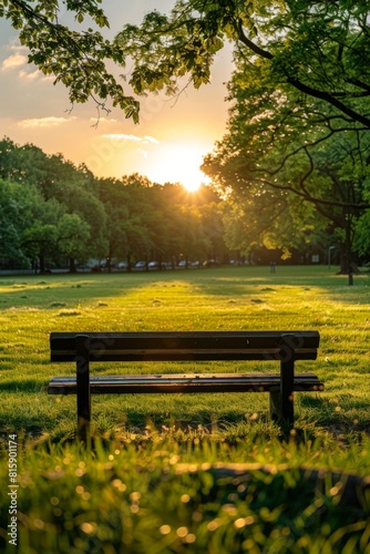 An empty park bench sits under the warm glow of a sunset, framed by lush trees and a tranquil green meadow