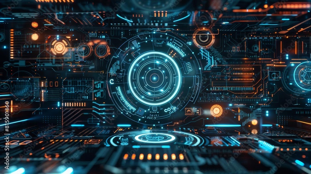 Holographic projection of technology symbols, representing AI and innovation Holographic projection of technology symbols, representing AI and innovation