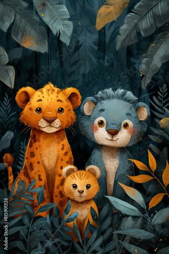 Funny cute animals in wild nature. Cartoon animal characters for wall art print, poster, banner and children books. Art drawing children's animals.	