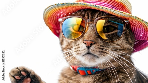 Present a dog wearing a colorful summer hat and trendy sunglasses  close-up  ethereal  Overlay  isolated on a white background to highlight a quirky fashion sense