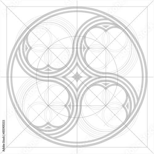Geometric diagram drawing Gothic window. vector silhouettes of cathedral round gothic windows. Forging or stained glass.