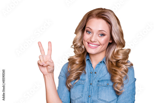 Close-up portrait of her she nice cute sweet lovely fascinating charming attractive cheerful positive optimistic glad wavy-haired lady showing v-sign isolated over gray violet purple pastel background