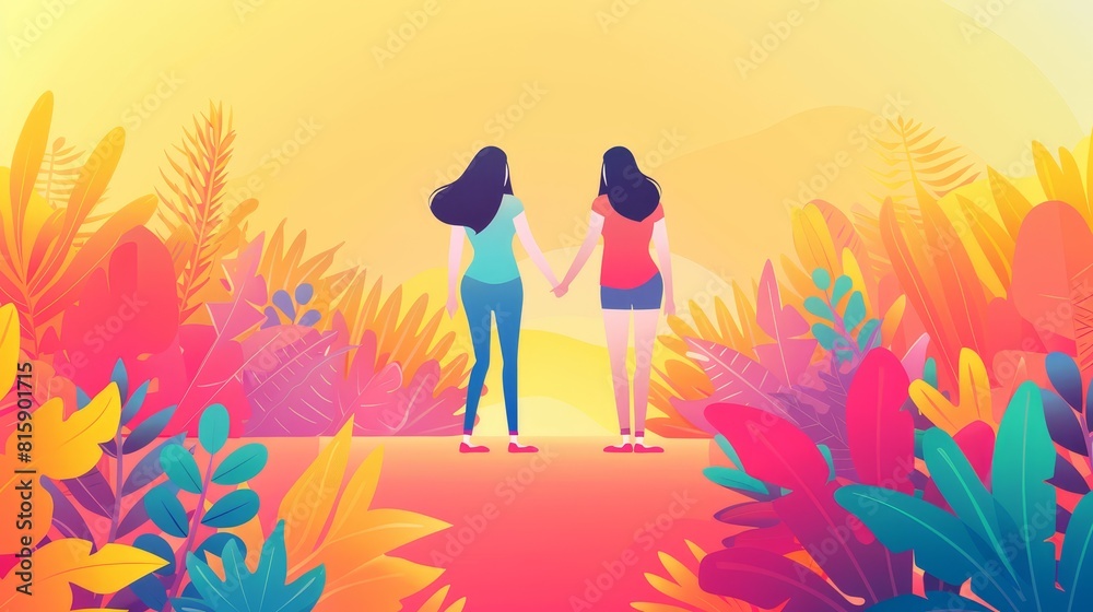 Fototapeta premium Lesbian couple holding hands flat design front view Love Wins theme animation Tetradic color scheme