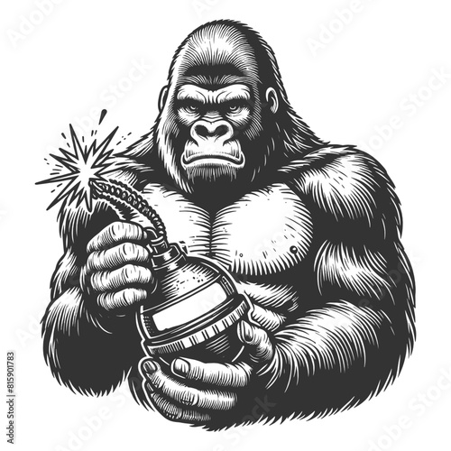 gorilla with bomb grenade, blending wildlife with human conflict themes sketch engraving generative ai fictional character vector illustration. Scratch board imitation. Black and white image.