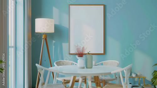 Interior design of warm dinning room interior with mock up poster frame round table rattan chairs beige sideboard stylish lamp blue wall and personal kitchen accessories Home decor Tem : Generative AI