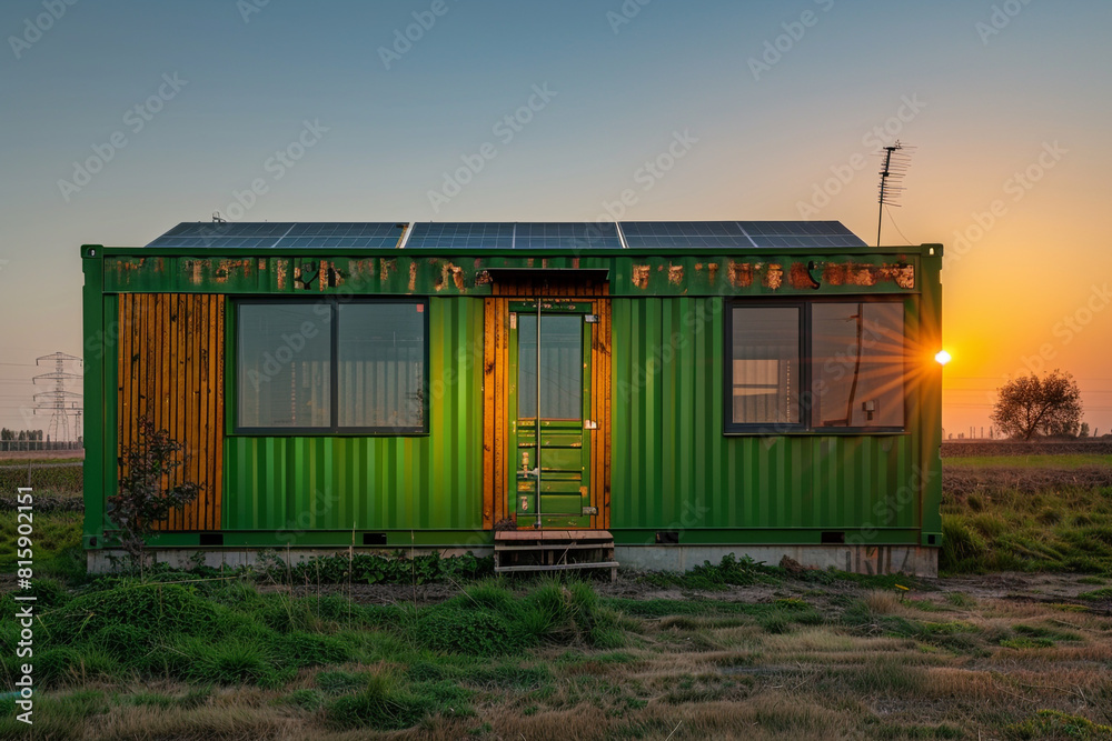 Rustic green luxury container office, wooden accents, solar-powered, front view at sunrise.