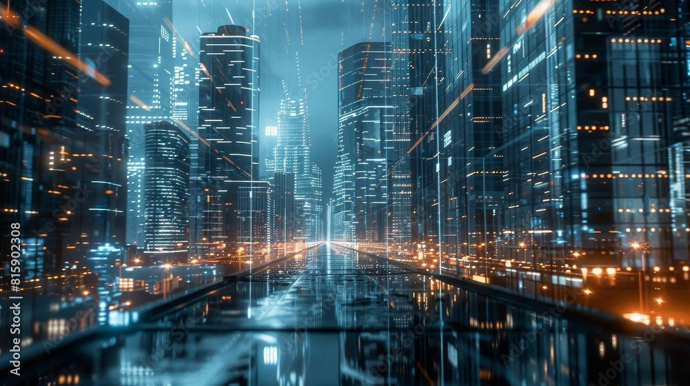 Interaction of technology and finance in a modern cityscape at night Interaction of technology and finance in a modern cityscape at night