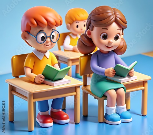 In the classroom, 3d cartoon illustration of a girl and boy sit at neighboring desks, pencils scratching against paper as they work on an assignment together, their heads bent close in collaboration.

