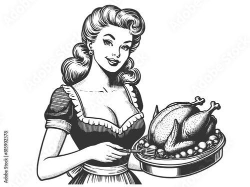 pin-up girl offering a roasted turkey, perfect for a festive Thanksgiving setting sketch engraving generative ai fictional character vector illustration. Scratch board imitation. Black and white image