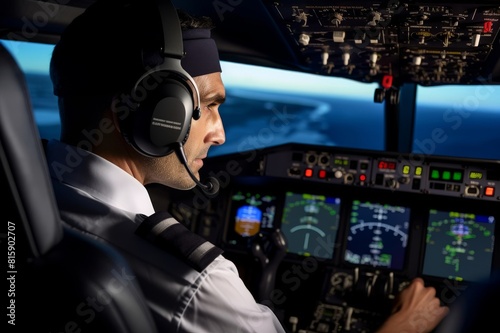 Male pilot in cockpit of airplane jet Rear view of a pilot in the cockpit of a modern jet aircraft. Male pilot in cockpit of airplane jet