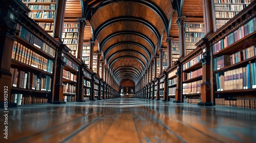 Long library corridor, symbolizing knowledge and learning photo