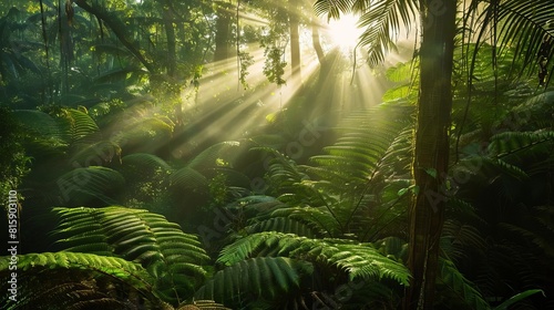 Lush green rainforest with sunbeams piercing through
