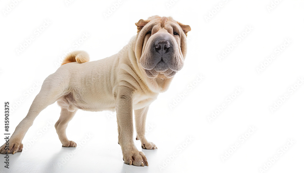 Chinese shar pei - Canis lupus familiaris - with abundant folds of loose skin about the head, neck, and shoulders.  standing side profile view isolated on white background
