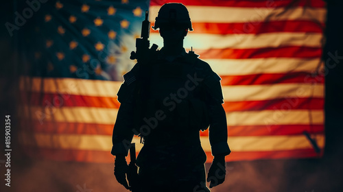 soldier holding rifle on a american flag background,generative Ai