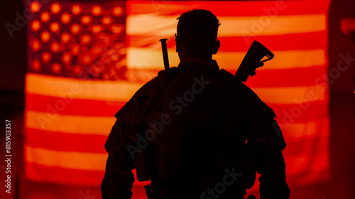 soldier holding rifle on a american flag background,generative Ai