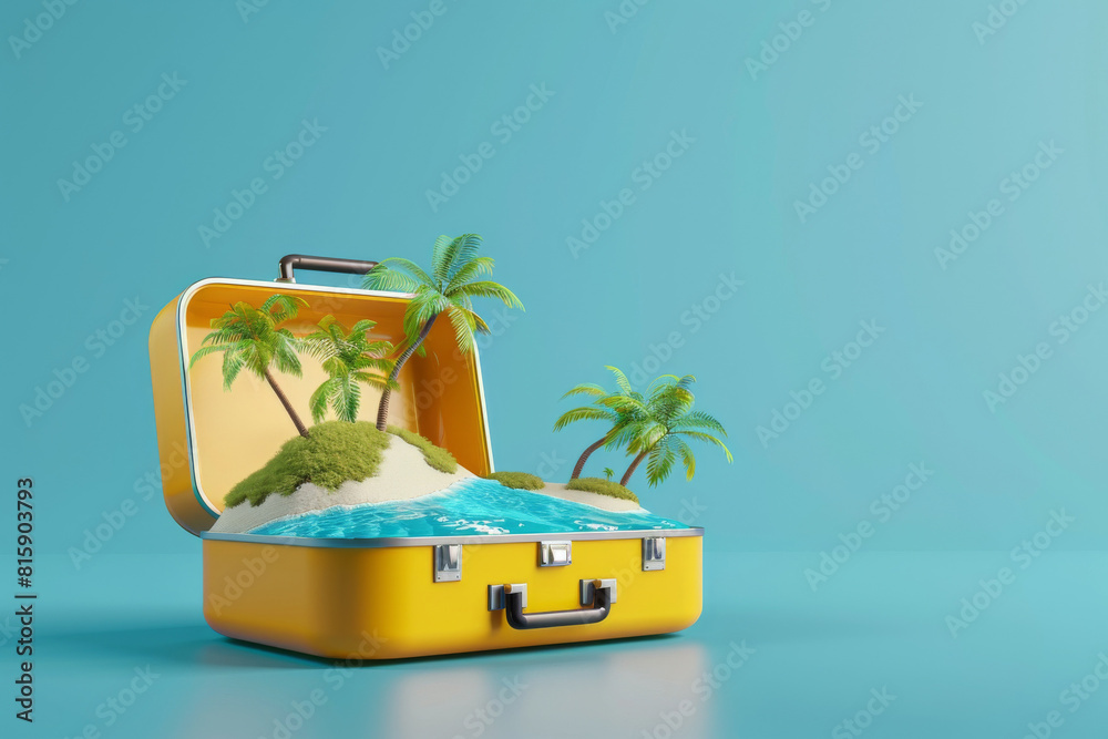 Conceptual image showing an open suitcase with a vibrant tropical beach scene, symbolizing the joy of travel and vacation dreams