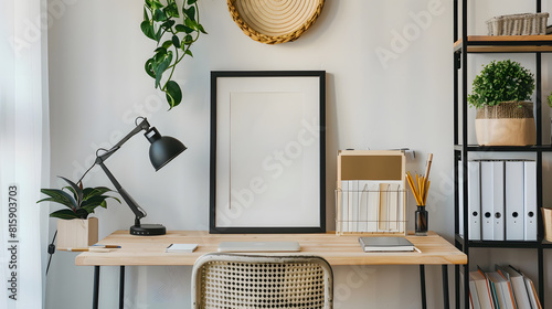 Creative composition of warm and cozy office interior with mock up poster frame wooden desk rattan chair stylish lamp black rack books and office accessories Home decor Template : Generative AI photo