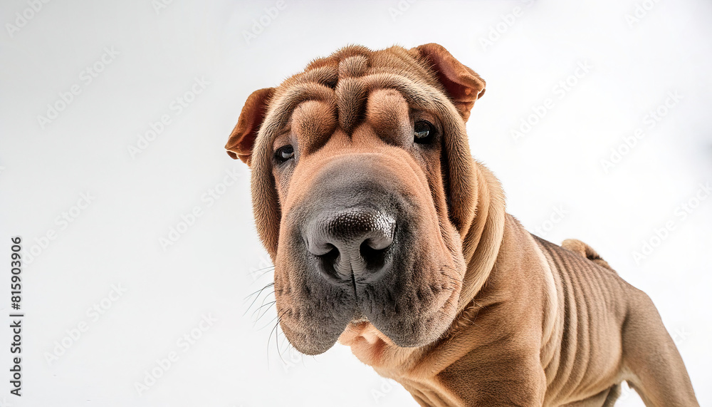 Obraz premium Chinese shar pei - Canis lupus familiaris - with abundant folds of loose skin about the head, neck, and shoulders. close up face and head view looking at camera isolated on white background