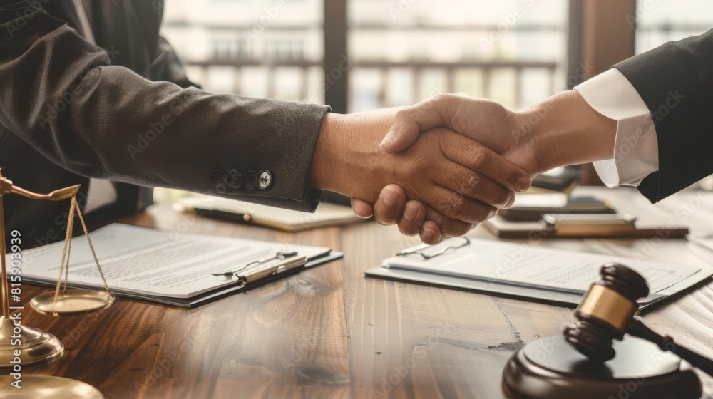 Attorney and client shaking hands over a signed contract, legal documents spread on the desk Attorney and client shaking hands over a signed contract, legal documents spread on the desk