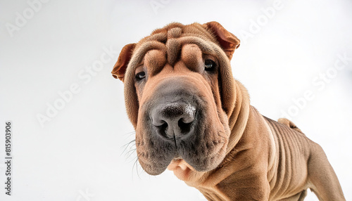 Chinese shar pei - Canis lupus familiaris - with abundant folds of loose skin about the head, neck, and shoulders.  close up face and head view looking at camera isolated on white background photo