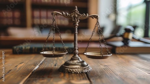 Scales of justice on a wooden desk, legal books and a gavel in soft focus in the background photo