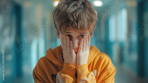 Upset boy covered his face with his hands, standing alone in the school corridor. Difficulties, emotions, bullying at school