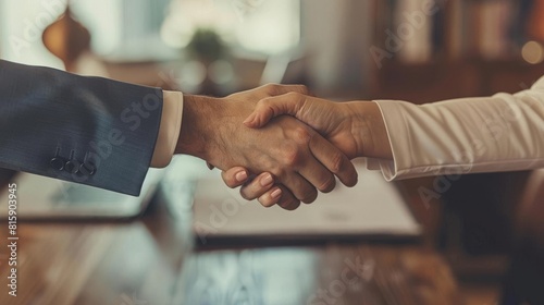 Attorney closing a real estate deal with a couple, shaking hands over documents