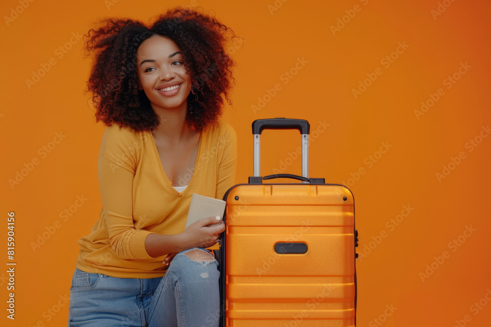 Young woman with a bright smile, holding passport and leaning on her orange suitcase against a vibrant orange background Young woman with a bright smile, holding passport and leaning on her orange suitcase against a vibrant orange background