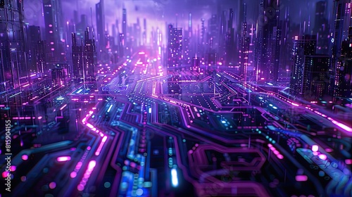 A vibrant digital cityscape infused with neon lights, showcasing skyscrapers and intricate circuit-like streets in a futuristic urban environment. future technology concept