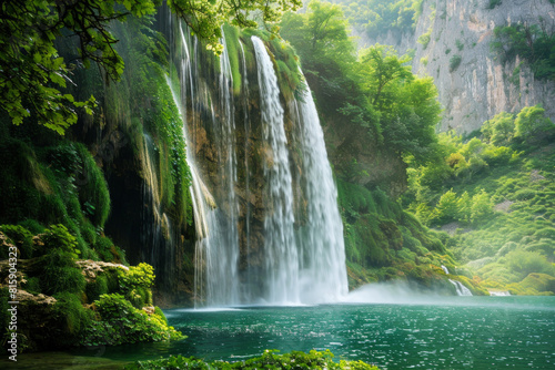 A spectacular waterfall plunging into an emerald pool below, surrounded by verdant foliage, moss-covered rocks, and misty spray, creating a mesmerizing tableau of natural beauty and aquatic splendor. 