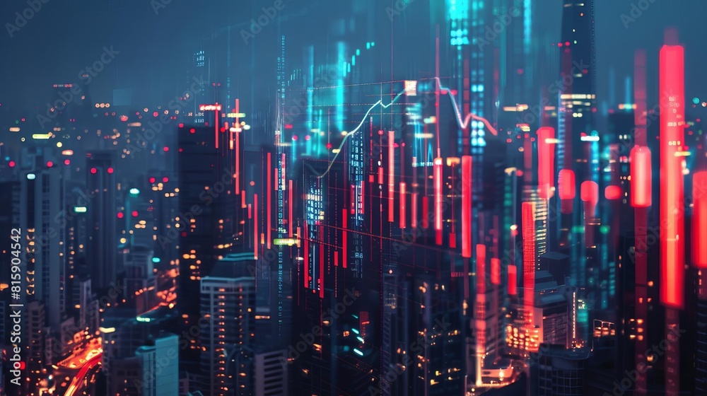 Fototapeta premium Modern cityscape illuminated with digital financial graphics