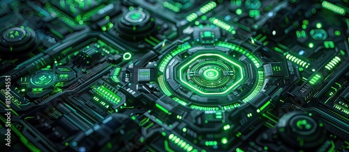 Highly detailed close-up of a green circuit board with glowing green lines and components, showcasing advanced technology.