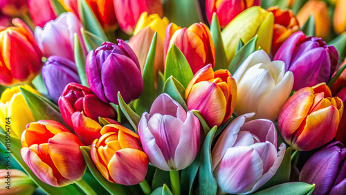 A close-up view of tulips in a bouquet, where each flower tells a story of vibrant youth and the inevitable process of aging. photo