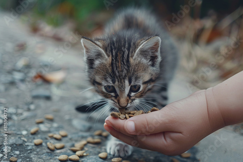 closeup stray kitten eating cat food from person’s hand on the street. human feeding homeless cat © igorfrost