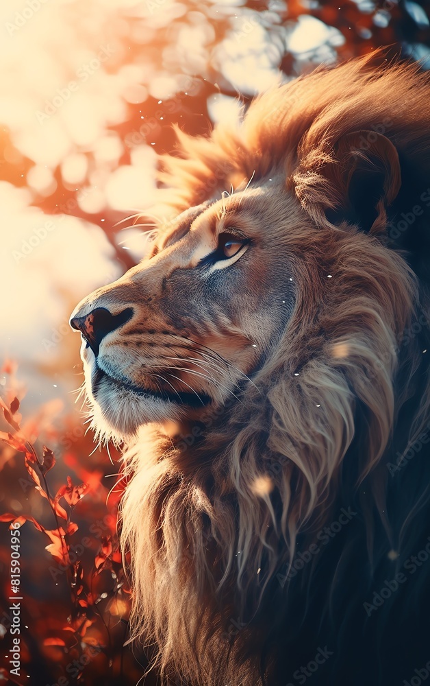 Fototapeta premium Lion, close up, focus on, copy space, majestic and powerful, Double exposure silhouette with savanna.