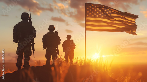 Silhouettes of soldiers on background of sunset or sunrise and USA flag. Greeting card for Veterans Day, Memorial Day, Independence Day. America,generative Ai