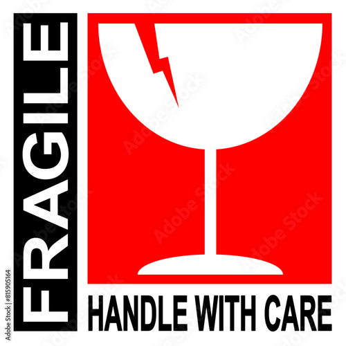 sticker fragile handle with care, red fragile warning label, fragile label with broken glass symbol, vector asset