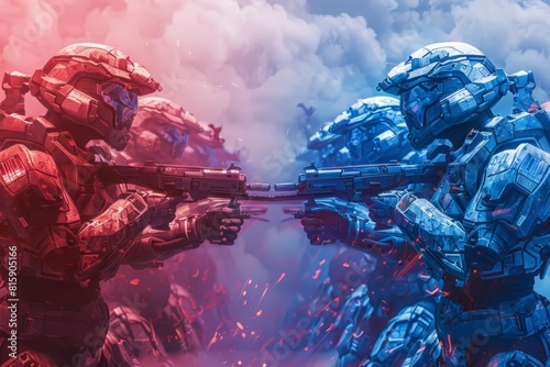 Red team versus blue team exercises, front view, honing defense tactics, cybernetic tone, Triadic Color Scheme
