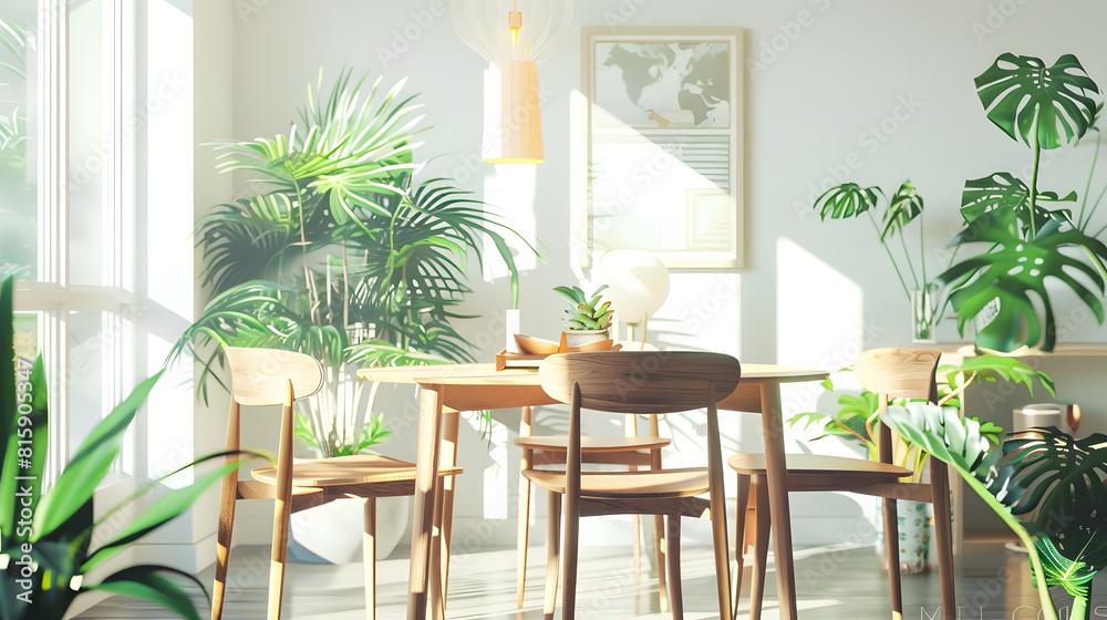 Stylish and botany interior of dining room with design craft wooden table chairs a lof of plants window poster map and elegant accessories in modern home decor Template : Generative AI Stylish and botany interior of dining room with design craft wooden table chairs a lof of plants window poster map and elegant accessories in modern home decor Template : Generative AI