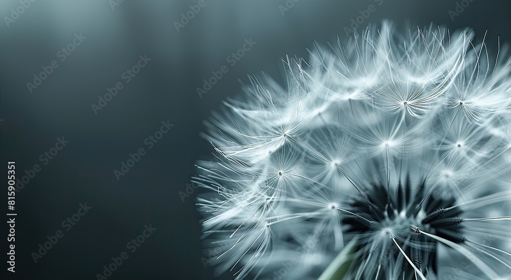 Macro photography capturing the delicate details of a dandelion seed head, highlighted against a dark background.
