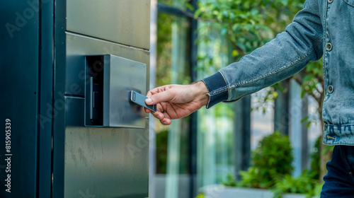 un homme approche un badge magnétique d'une serrure électronique pour pouvoir rentrer dans sa maison photo