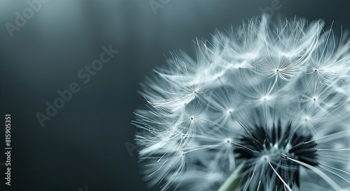 Macro photography capturing the delicate details of a dandelion seed head, highlighted against a dark background.