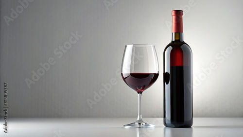 A close-up shot of a red wine bottle with a minimalist label, accompanied by a crystal-clear wine glass, set on a spotless white surface.
