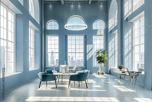 Spacious modular office setup with high ceilings, large windows, and a tranquil blue color scheme --ar 3:2 --no noise --style raw - Image #1 @Ammar Malik photo