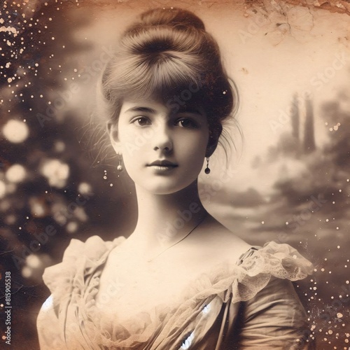 Vintage retro young pretty woman headshot photo. Edwardian or la belle epoque period. photo