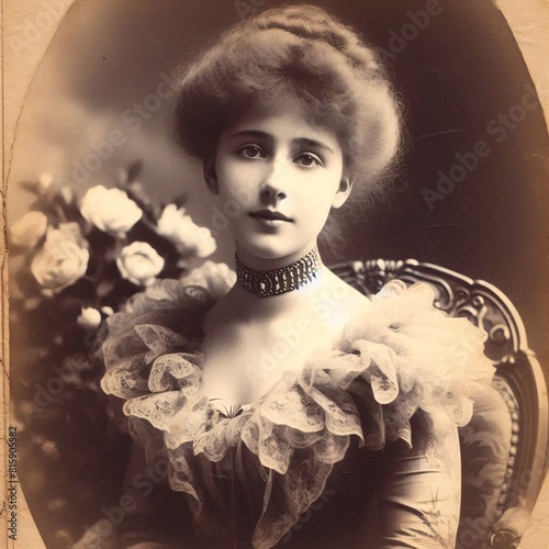 Vintage retro young pretty woman photo portrait. Edwardian or la belle epoque period.