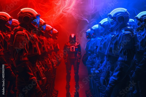 Red team versus blue team exercises, front view, honing defense tactics, cybernetic tone, Triadic Color Scheme