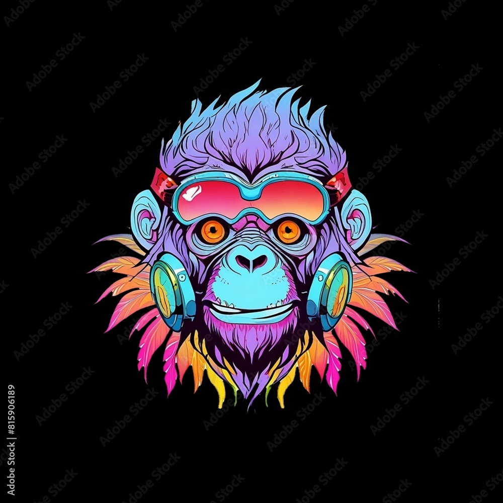 Colorful monkey mascot image. psychedelic graphic design.black background