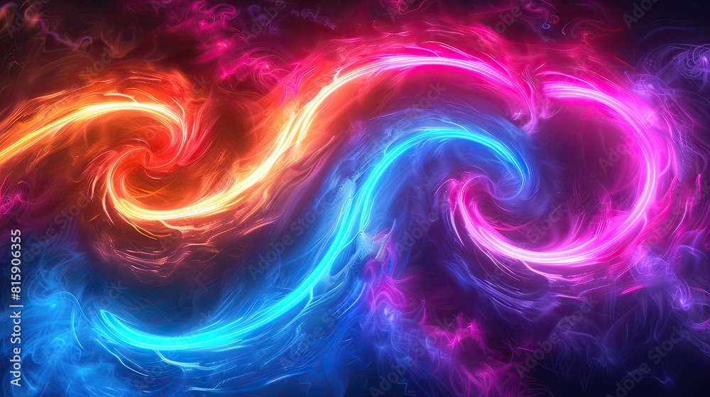 Abstract image of neon light lines swirling in a cosmic dance. With bright colors contrasting with the dark starry sky, the concept of quantum physics. Abstract image of neon light lines swirling in a cosmic dance. With bright colors contrasting with the dark starry sky, the concept of quantum physics.