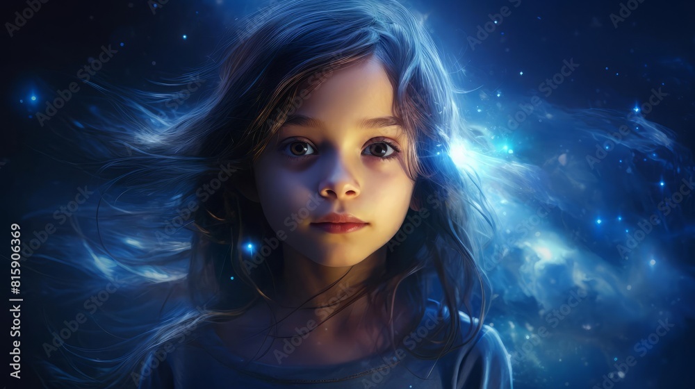 A portrait of a young girl with stars and constellations forming her eyes, with stellar effects, in a celestial and cosmic style with deep space backgrounds and ethereal glows, in the style of a hyper A portrait of a young girl with stars and constellations forming her eyes, with stellar effects, in a celestial and cosmic style with deep space backgrounds and ethereal glows, in the style of a hyper